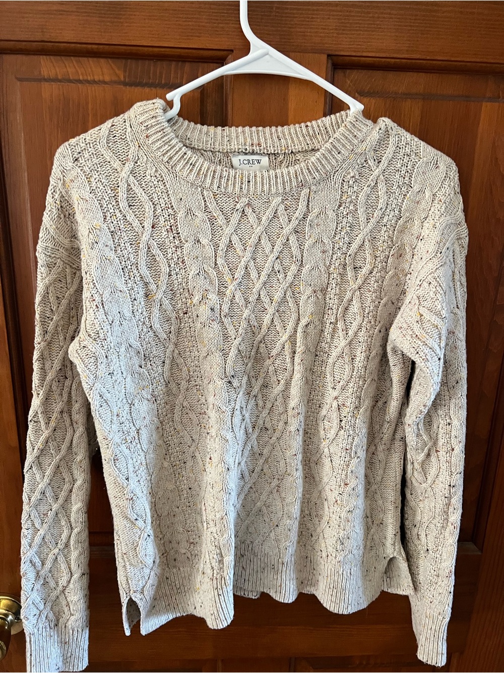 J. Crew Oatmeal Speckled Cable-Knit Crewneck Sweater